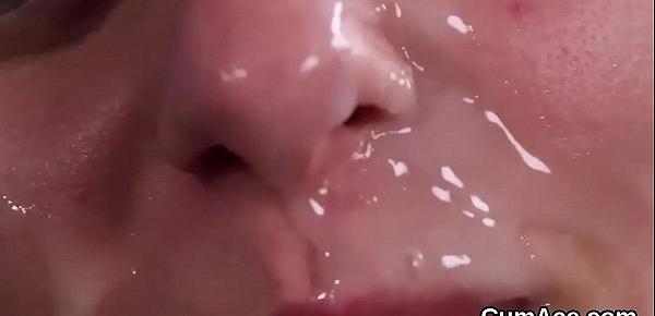  Foxy peach gets sperm load on her face sucking all the semen